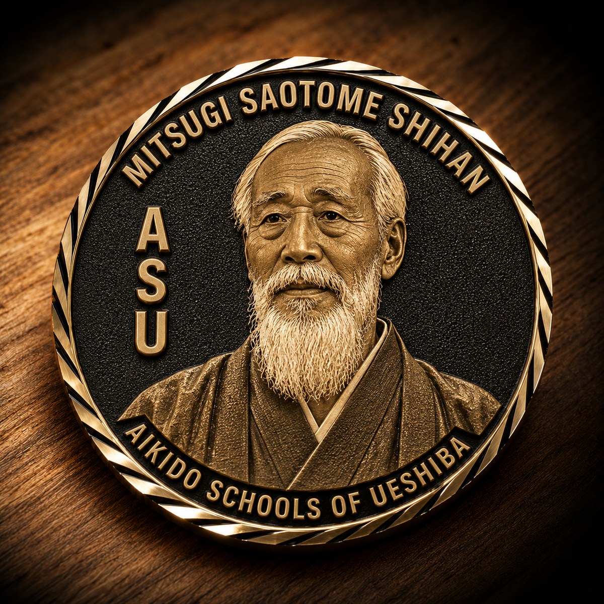 Coin face bearing a relief portrait of Mitsugi Saotome Shihan, with the letters ASU and the words Aikido Schools of Ueshiba