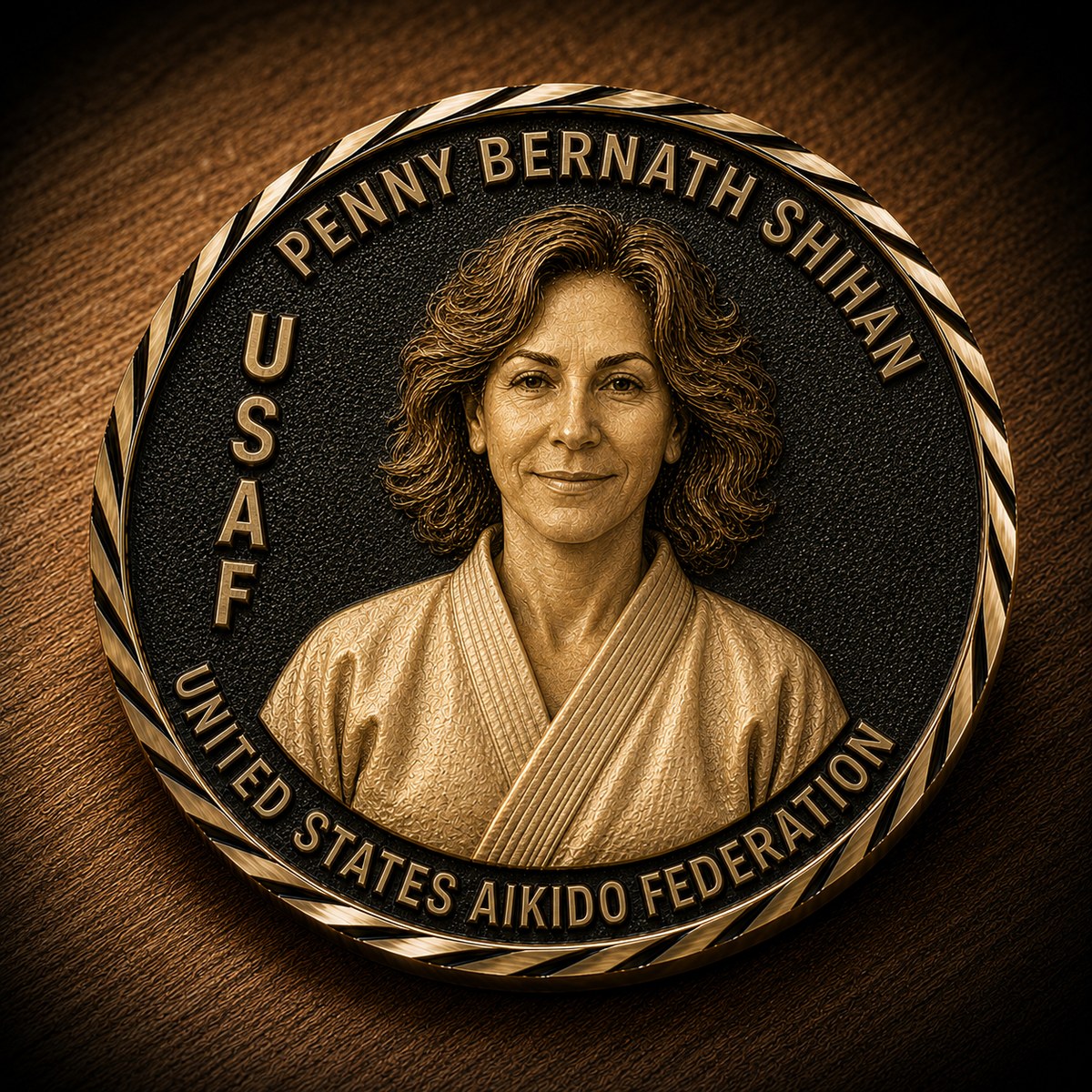 Coin face bearing a relief portrait of Penny Bernath Shihan, with the letters USAF and the words United States Aikido Federation